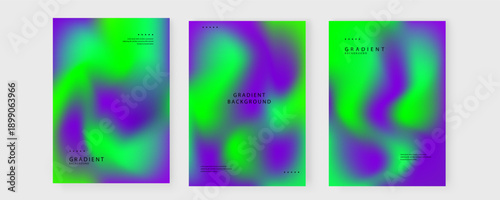 Set of high contrast gradient backgrounds with neon green and deep purple fluid shapes perfect for techno events or futuristic branding