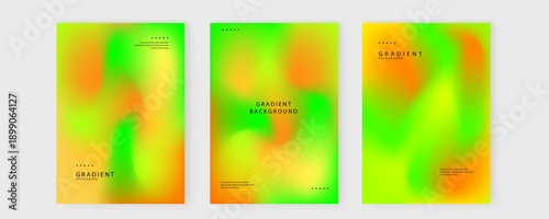 Professional set of three posters featuring bright acid green and sunset orange mesh gradients for modern design