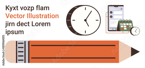 Time management, productivity tools, task organization, scheduling, workplace efficiency, education. Clock, pencil calendar mobile app and text illustrations. Time management and productivity