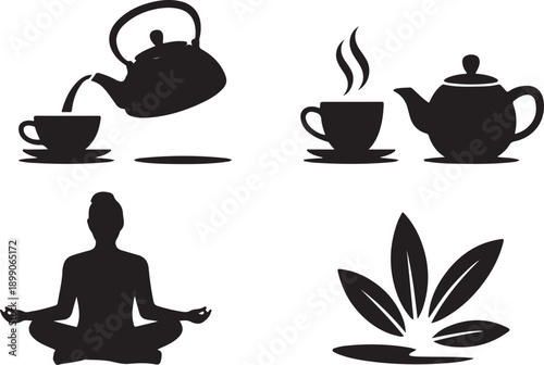 Tea Ceremony & Yoga Meditation Icons: Pouring Tea, Steaming Cup, Zen Pose, Leaf Cluster Isolated on white background