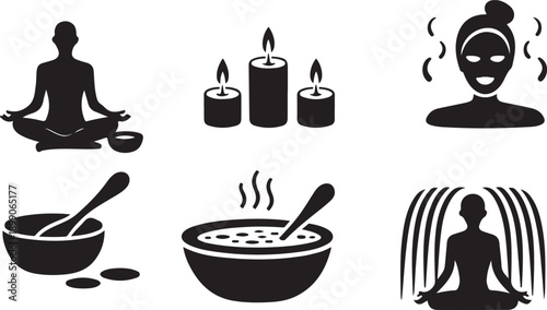 Spa and Wellness Icons: Meditation, Candles, Face Mask, Soup, and Waterfall Silhouette Isolated on white background