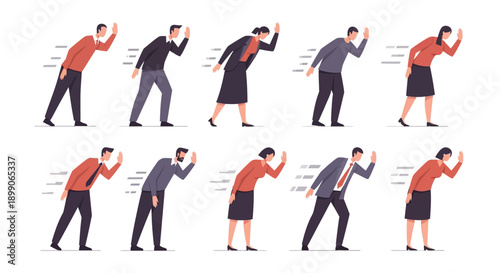 Set of diverse people suffering from back pain, illustrating various types of discomfort and poor posture in a flat vector style.