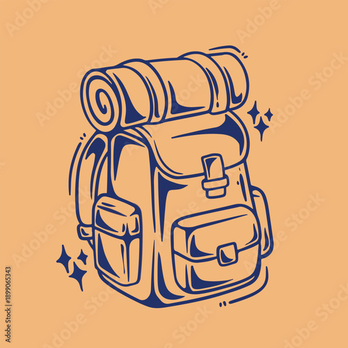 illustration art hand drawn line art camping backpack sticker design