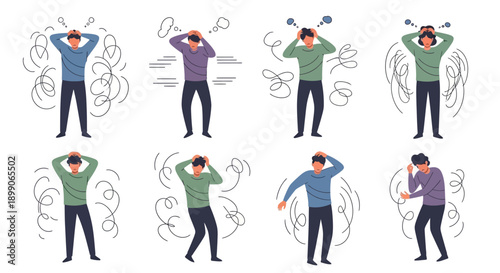 Collection of illustrations depicting men experiencing stress, anxiety, and mental distress with swirling lines symbolizing confusion and turmoil.