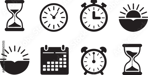 Time Icons Collection: Hourglass, Clocks, Calendar, Sunrise Isolated on white background