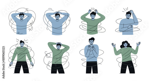 Collection of diverse individuals experiencing mental distress, anxiety, and confusion, depicted with swirling lines around their heads and bodies.