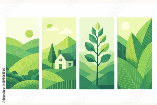 Four vertical panels depicting stylized green landscapes with rolling hills, trees, a house, and abstract plant forms.