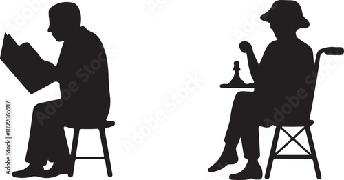 Two people silhouettes playing chess and reading, niche detail, isolated on white background