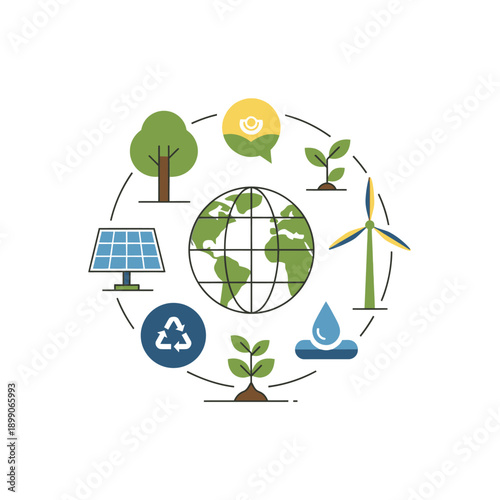 Circular arrangement of environmental conservation icons around the globe.