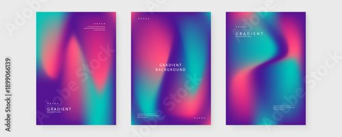 Trio of modern posters featuring cool cyan magenta and purple mesh gradients with clean white typography and minimalist icons