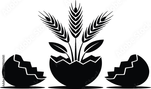 Black silhouette illustration of wheat sprouting from cracked eggshell