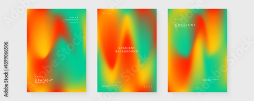 Professional collection of three abstract posters featuring liquid mesh gradients in warm orange yellow and vibrant green tones for modern branding