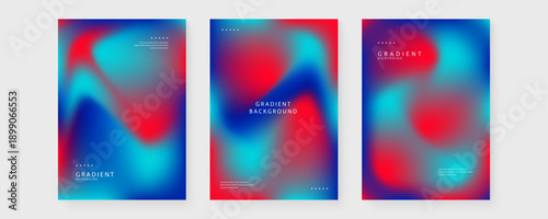 A set of three dynamic posters with holographic liquid effects in deep blue and bold red colors perfect for tech and music events