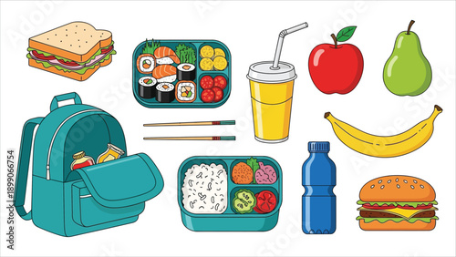 Colorful Kids School Lunch Box Set Healthy Meals Vector.