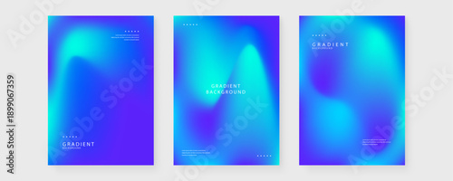 Set of three abstract posters featuring vibrant blue and cyan fluid mesh gradients with minimalist typography for contemporary branding