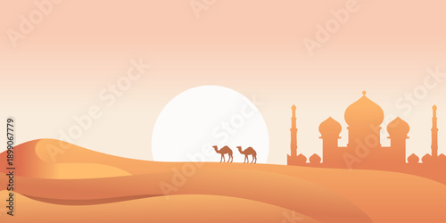 Desert landscape illustration with camels, sand dunes, and a mosque silhouette at sunset