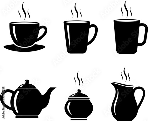 Classic black and white illustrations of various tea-related items and beverages illustration