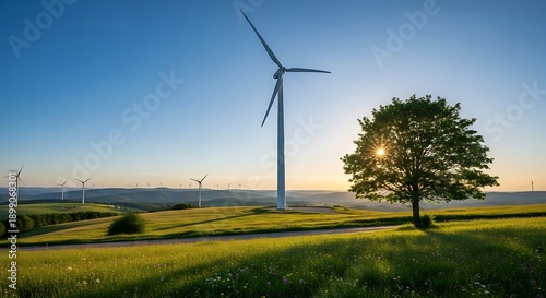 Wallpaper Mural Wind turbines in a green field with a tree at sunset wind farm renewable energy Torontodigital.ca