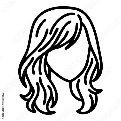 Line art illustration of a long, flowing hairstyle with a prominent fringe. Ideal for concepts of trendy salon services, youth-oriented hair care branding, fashionable digital identity, beauty related
