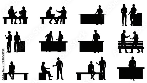 Business meeting silhouettes of people in various poses and interactions