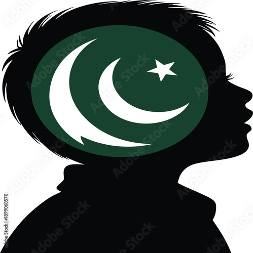 A silhouette of a childs head with the pakistani flag design inside