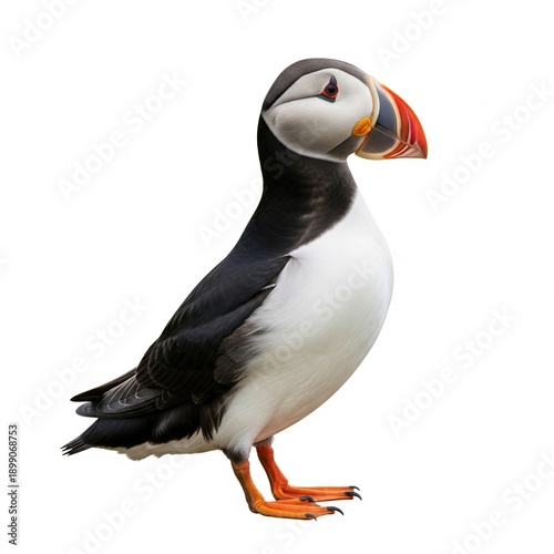 Atlantic puffin bird portrait isolated on white background for nature and animal wildlife photography