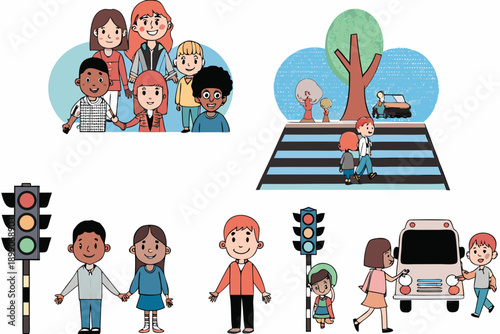 Diverse group of children crossing a street with adult supervision
