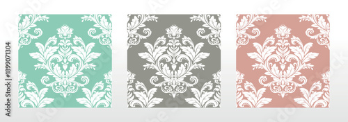 Wallpapers in the style of Baroque.. Set of colored floral ornaments. Seamless vector backgrounds Graphic patterns for fabric, wallpaper, packaging. Ornate Damask flower illustration