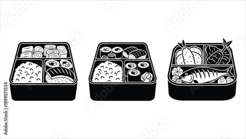 Japanese Bento Box Meal Black White Illustration Set.