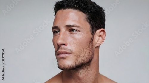 Portrait of a handsome man with short dark hair and a slight stubble