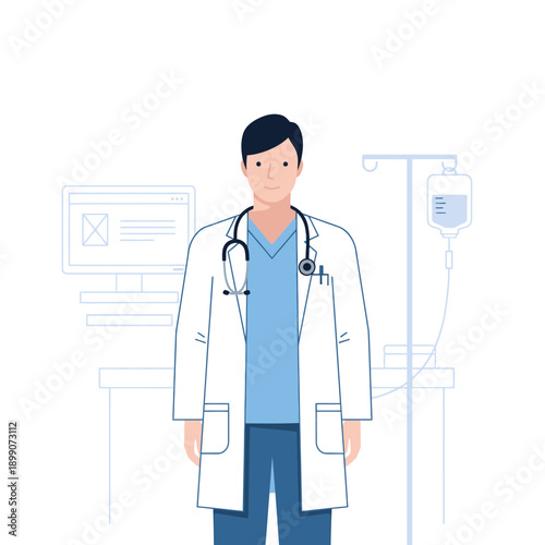 Male Doctor Wearing White Coat and Stethoscope in Medical Setting.