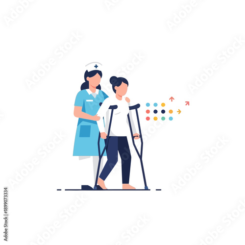 Nurse assisting patient with crutches rehabilitation.