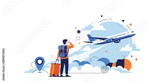 Adventurous traveler looking towards a departing airplane with clouds and location pin representing global tourism and exploration.