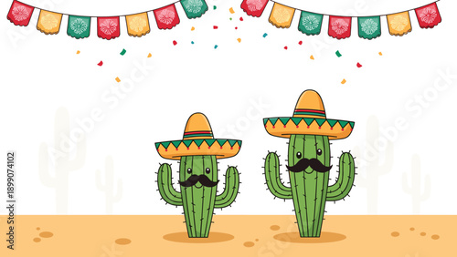 Funny cacti characters wearing traditional sombreros and mustaches celebrating a festive mexican party in a bright desert landscape setting.