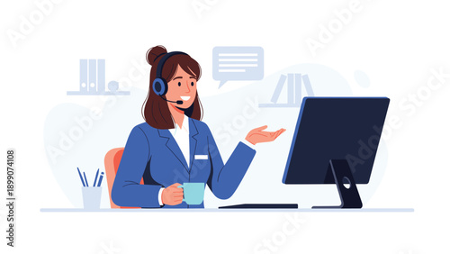 Friendly female customer support operator wearing a headset and working on a computer to provide helpful assistance in a modern office space.