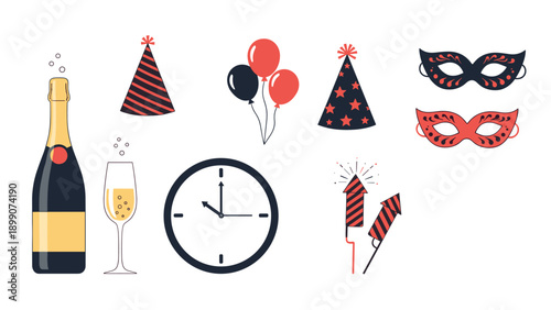 Festive celebration icons for new year or party including champagne bottle balloons clock set to midnight and decorative carnival masks.