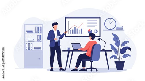 Business colleagues discussing data and financial charts on a large presentation screen in a modern professional office environment.