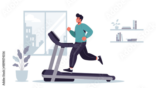 Young man running on a treadmill in a bright room with a window and shelves as part of a healthy home workout routine and cardio session.