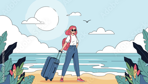 Stylish young woman with a suitcase walking on a sunny tropical beach with palm leaves and a bright sun for a summer holiday concept.
