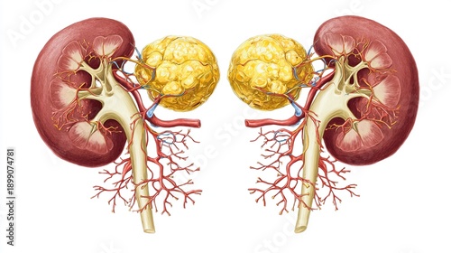 adrenal. Medical illustration of golden adrenal glands atop red kidneys with detailed vascular network. STEM education sheets.