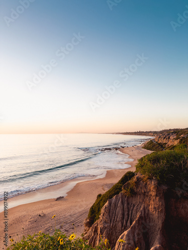 beach at sunset from cliff 