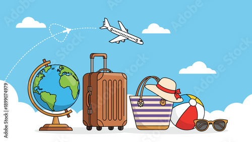 Comprehensive set of summer travel essentials including a globe, brown suitcase, beach bag, sun hat, colorful ball, and sunglasses against a cloudy sky.