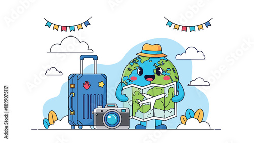Cute cartoon globe character wearing a sun hat and holding a map while standing next to a blue suitcase and a camera for a worldwide trip.