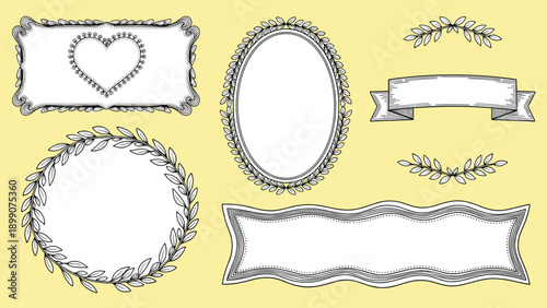 Collection of ornate hand drawn vintage frames, wreaths, and banners decorated with laurel leaves and hearts in a classic black and white style.