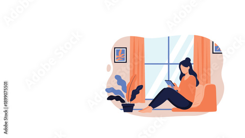 Peaceful woman sitting on a comfortable bean bag chair by a window and using a tablet for reading or work in a cozy home environment.