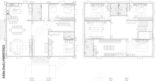 2D Interior Design Drawing of Two-Story Residential House with Furniture Layout and Functional Equipment