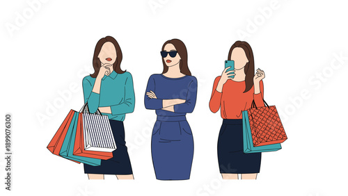 Three stylish women standing together holding colorful shopping bags and a smartphone representing a fun day of retail therapy and friendship.