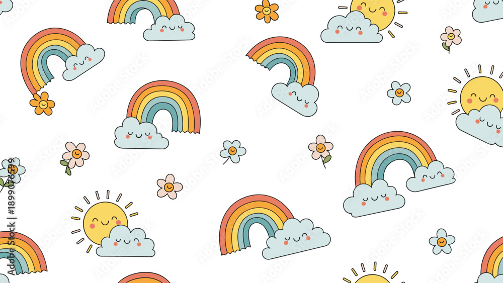 Fototapeta premium Cute seamless pattern featuring colorful rainbows smiling suns happy clouds and small flowers on a clean white background for kids designs.