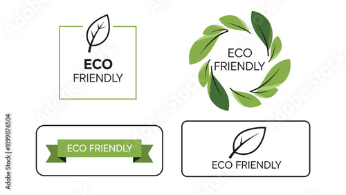 Collection of eco friendly logos and labels featuring green leaves and simple frames representing sustainable and natural products.
