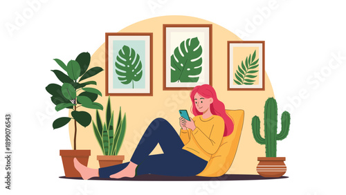 Young girl relaxing on a bean bag chair at home while using her smartphone in a room decorated with many potted green house plants.